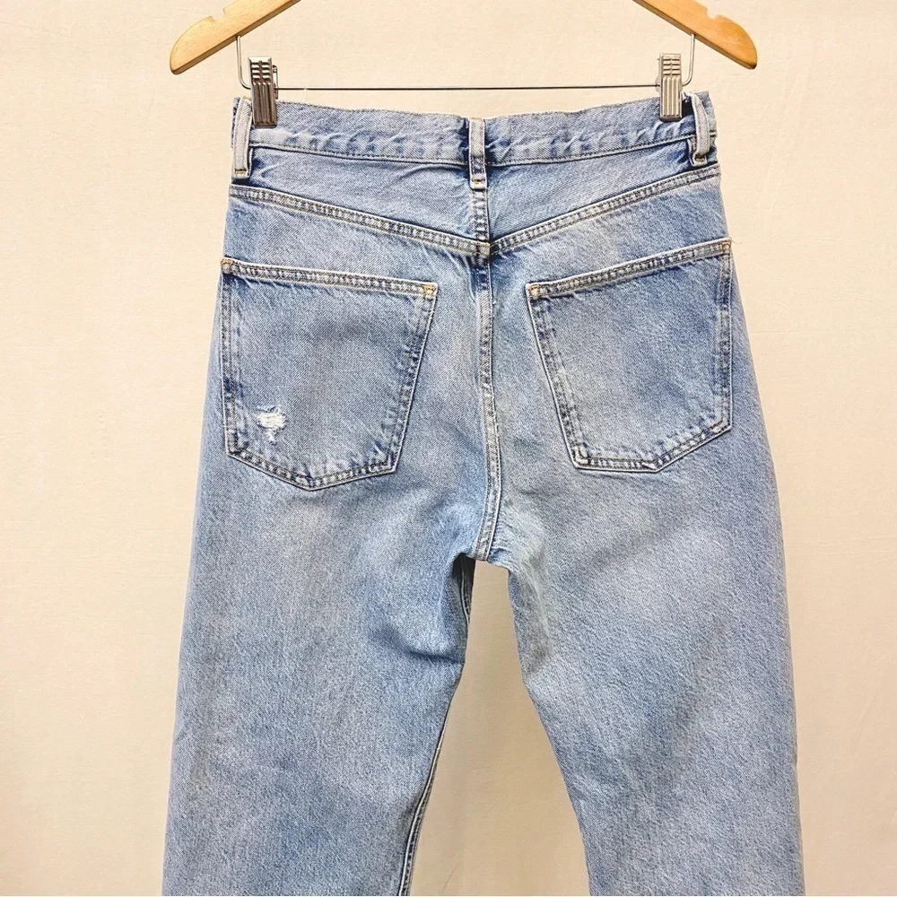 Zara Size 4 High Rise Mom Jeans Ripped Knees Frayed Waistband Distressed Tapered